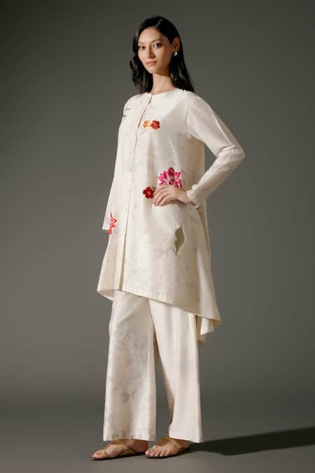 Shop_Balance By Rohit Bal_Ivory Chanderi Silk Embroidery Crew Gul Print And High Low Kurta With Palazzo _Online_at_Aza_Fashions