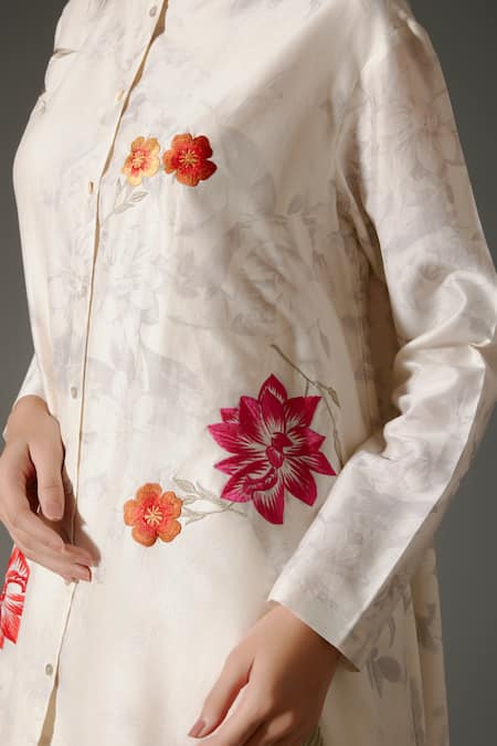 Balance By Rohit Bal_Ivory Chanderi Silk Embroidery Crew Gul Print And High Low Kurta With Palazzo _at_Aza_Fashions