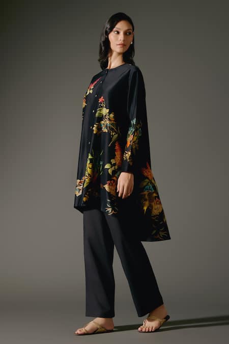 Buy_Balance By Rohit Bal_Black Chanderi Silk Midnight Garden Print High Low Kurta With Palazzo Pant _Online_at_Aza_Fashions