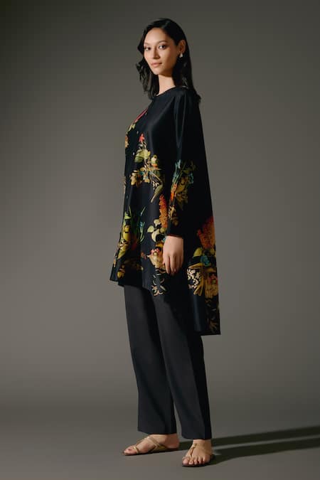 Shop_Balance By Rohit Bal_Black Chanderi Silk Midnight Garden Print High Low Kurta With Palazzo Pant _Online_at_Aza_Fashions