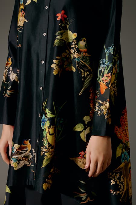 Balance By Rohit Bal_Black Chanderi Silk Midnight Garden Print High Low Kurta With Palazzo Pant _at_Aza_Fashions