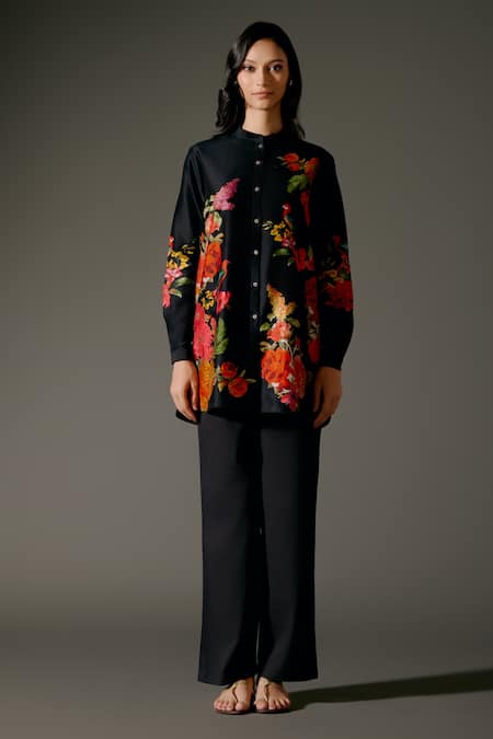 Balance By Rohit Bal Black Chanderi Silk Mandarin Collar Ecstasy Garden Print Tunic With Palazzo Pant Online at Aza Fashions Balance By Rohit Bal_Black Chanderi Silk Mandarin Collar Ecstasy Garden Print Tunic With Palazzo Pant _Online_at_Aza_Fashions