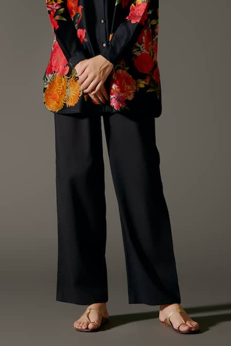 Buy Balance By Rohit Bal Black Chanderi Silk Mandarin Collar Ecstasy Garden Print Tunic With Palazzo Pant Online at Aza Fashions Buy_Balance By Rohit Bal_Black Chanderi Silk Mandarin Collar Ecstasy Garden Print Tunic With Palazzo Pant _Online_at_Aza_Fashions