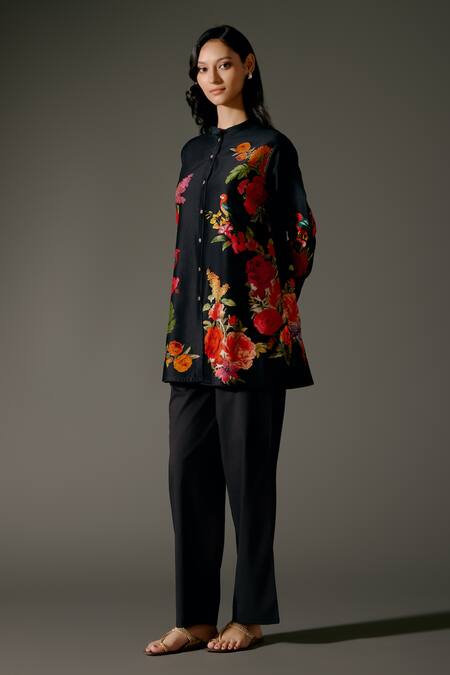 Shop Balance By Rohit Bal Black Chanderi Silk Mandarin Collar Ecstasy Garden Print Tunic With Palazzo Pant Online at Aza Fashions Shop_Balance By Rohit Bal_Black Chanderi Silk Mandarin Collar Ecstasy Garden Print Tunic With Palazzo Pant _Online_at_Aza_Fashions