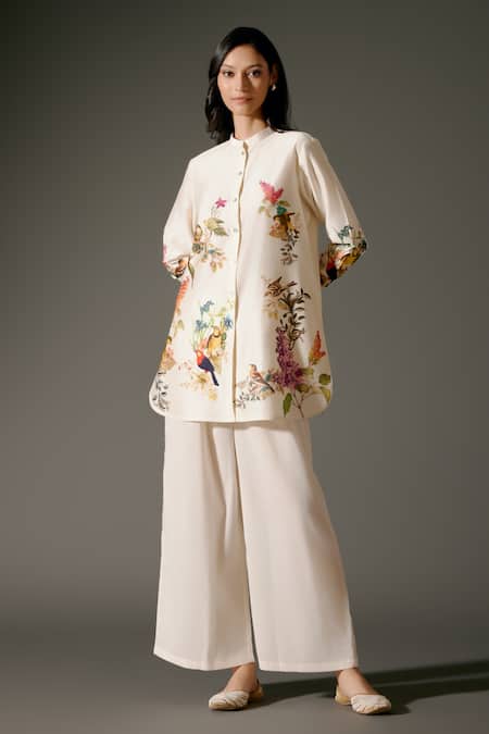 Balance By Rohit Bal_Ivory Chanderi Silk Embroidery Ecstasy Gardenia Print Tunic With Palazzo Pant _Online_at_Aza_Fashions