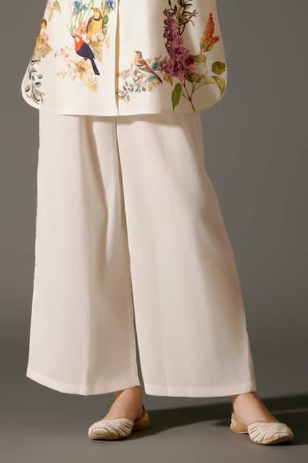 Buy_Balance By Rohit Bal_Ivory Chanderi Silk Embroidery Ecstasy Gardenia Print Tunic With Palazzo Pant _Online_at_Aza_Fashions
