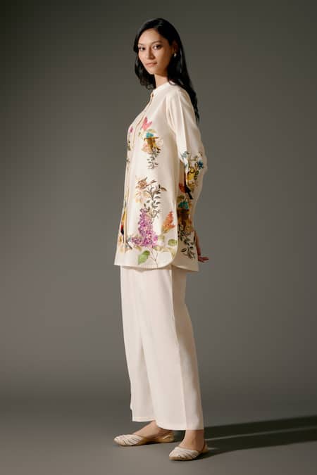 Shop_Balance By Rohit Bal_Ivory Chanderi Silk Embroidery Ecstasy Gardenia Print Tunic With Palazzo Pant _Online_at_Aza_Fashions