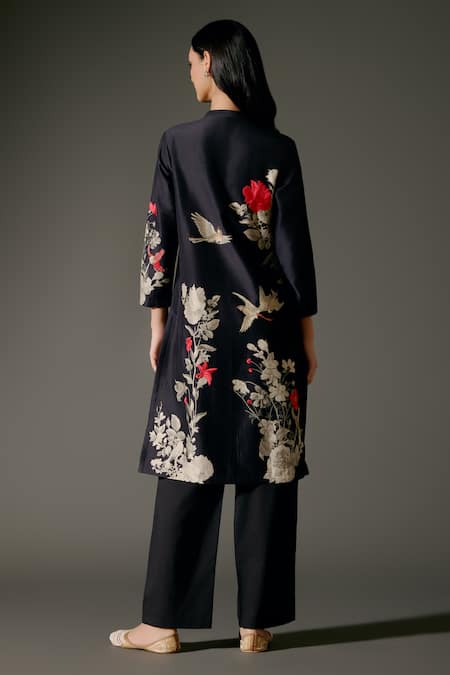 Shop_Balance By Rohit Bal_Black Chanderi Silk Mandarin Collar Bird Wonder Print Tunic With Palazzo Pant _at_Aza_Fashions