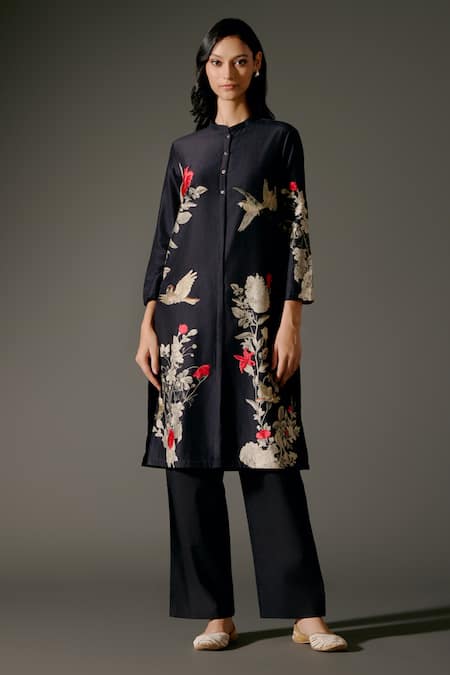 Balance By Rohit Bal_Black Chanderi Silk Mandarin Collar Bird Wonder Print Tunic With Palazzo Pant _Online_at_Aza_Fashions