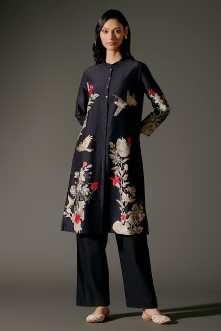 Buy_Balance By Rohit Bal_Black Chanderi Silk Mandarin Collar Bird Wonder Print Tunic With Palazzo Pant _Online_at_Aza_Fashions