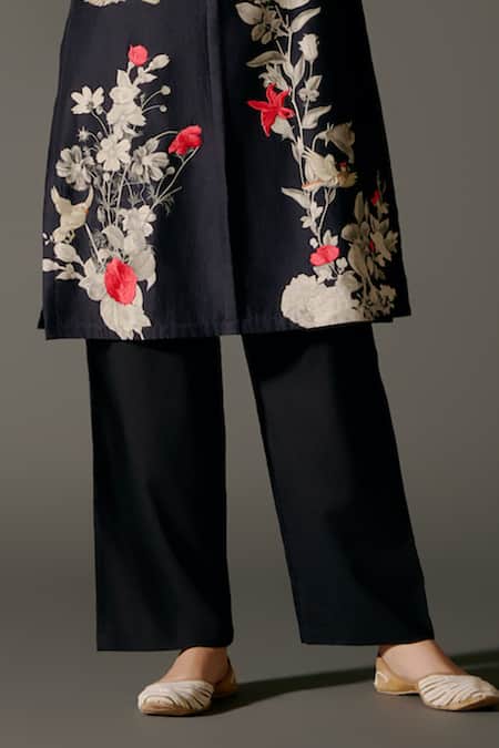 Shop_Balance By Rohit Bal_Black Chanderi Silk Mandarin Collar Bird Wonder Print Tunic With Palazzo Pant _Online_at_Aza_Fashions