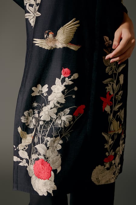 Balance By Rohit Bal_Black Chanderi Silk Mandarin Collar Bird Wonder Print Tunic With Palazzo Pant _at_Aza_Fashions