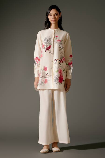 Balance By Rohit Bal_Ivory Chanderi Silk Embroidery Florence Garden Print Tunic With Palazzo Pant _Online_at_Aza_Fashions