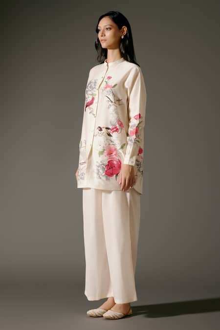 Shop_Balance By Rohit Bal_Ivory Chanderi Silk Embroidery Florence Garden Print Tunic With Palazzo Pant _Online_at_Aza_Fashions