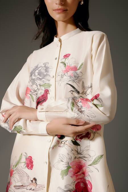 Balance By Rohit Bal_Ivory Chanderi Silk Embroidery Florence Garden Print Tunic With Palazzo Pant _at_Aza_Fashions