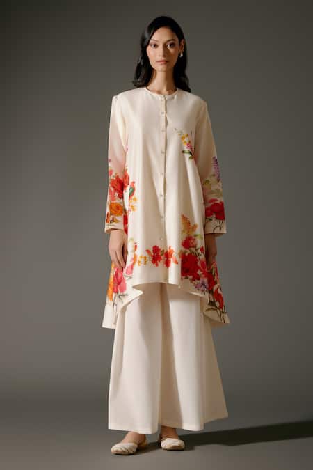 Balance By Rohit Bal_Ivory Chanderi Silk Embroidery Rosa Garden Print High Low Kurta With Palazzo _Online_at_Aza_Fashions