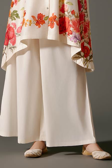 Buy_Balance By Rohit Bal_Ivory Chanderi Silk Embroidery Rosa Garden Print High Low Kurta With Palazzo _Online_at_Aza_Fashions