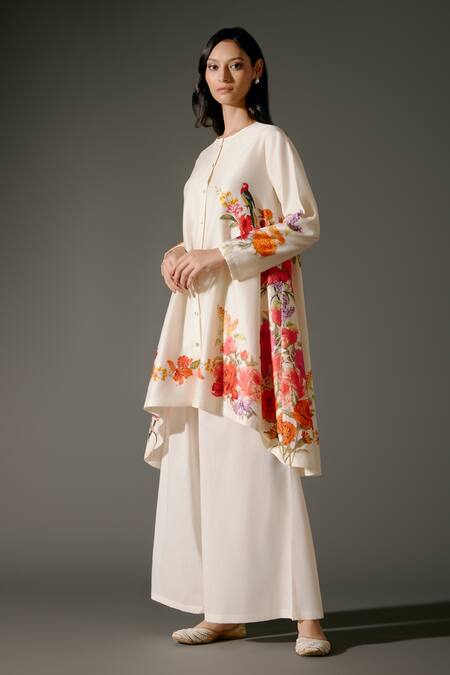 Shop_Balance By Rohit Bal_Ivory Chanderi Silk Embroidery Rosa Garden Print High Low Kurta With Palazzo _Online_at_Aza_Fashions