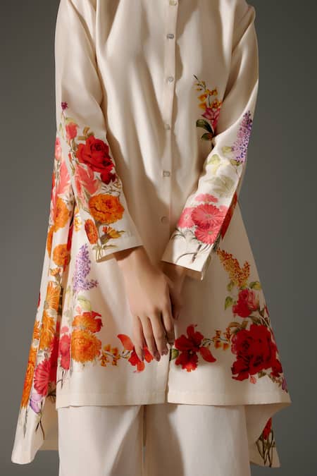 Balance By Rohit Bal_Ivory Chanderi Silk Embroidery Rosa Garden Print High Low Kurta With Palazzo _at_Aza_Fashions