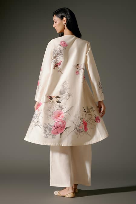 Shop_Balance By Rohit Bal_Ivory Chanderi Silk Crew Neck Roseria Bloom Print High Low Kurta With Palazzo _at_Aza_Fashions