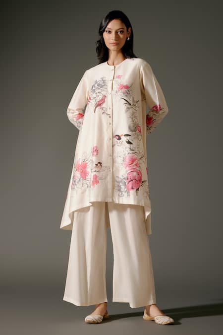 Balance By Rohit Bal_Ivory Chanderi Silk Crew Neck Roseria Bloom Print High Low Kurta With Palazzo _Online_at_Aza_Fashions