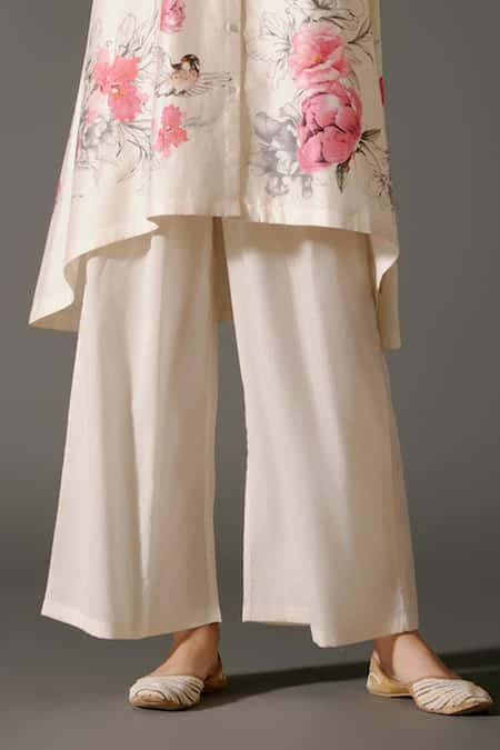 Buy_Balance By Rohit Bal_Ivory Chanderi Silk Crew Neck Roseria Bloom Print High Low Kurta With Palazzo _Online_at_Aza_Fashions