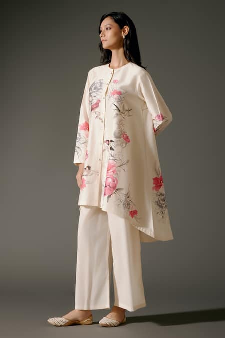 Shop_Balance By Rohit Bal_Ivory Chanderi Silk Crew Neck Roseria Bloom Print High Low Kurta With Palazzo _Online_at_Aza_Fashions