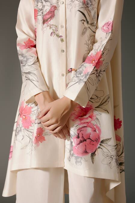 Balance By Rohit Bal_Ivory Chanderi Silk Crew Neck Roseria Bloom Print High Low Kurta With Palazzo _at_Aza_Fashions