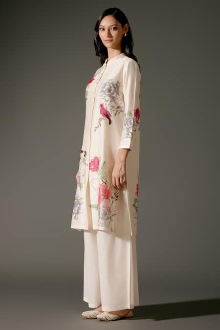Balance By Rohit Bal Ivory Chanderi Silk Embroidery Mandarin Collar Blossomy Print Kurta With Palazzo Online at Aza Fashions Balance By Rohit Bal_Ivory Chanderi Silk Embroidery Mandarin Collar Blossomy Print Kurta With Palazzo _Online_at_Aza_Fashions