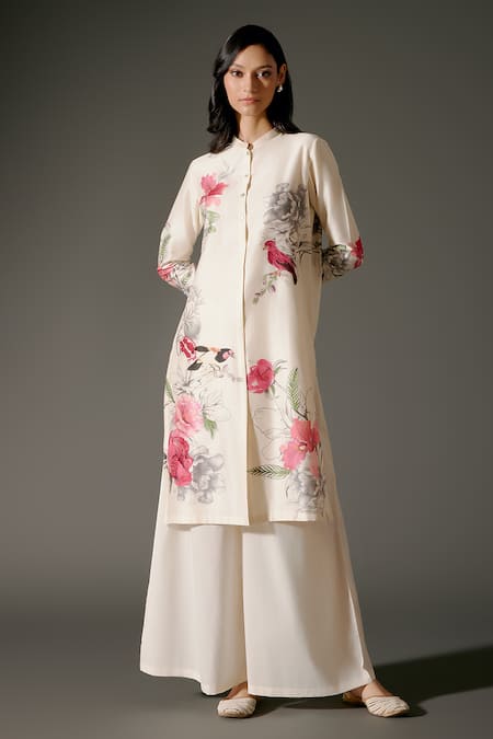 Buy Balance By Rohit Bal Ivory Chanderi Silk Embroidery Mandarin Collar Blossomy Print Kurta With Palazzo Online at Aza Fashions Buy_Balance By Rohit Bal_Ivory Chanderi Silk Embroidery Mandarin Collar Blossomy Print Kurta With Palazzo _Online_at_Aza_Fashions