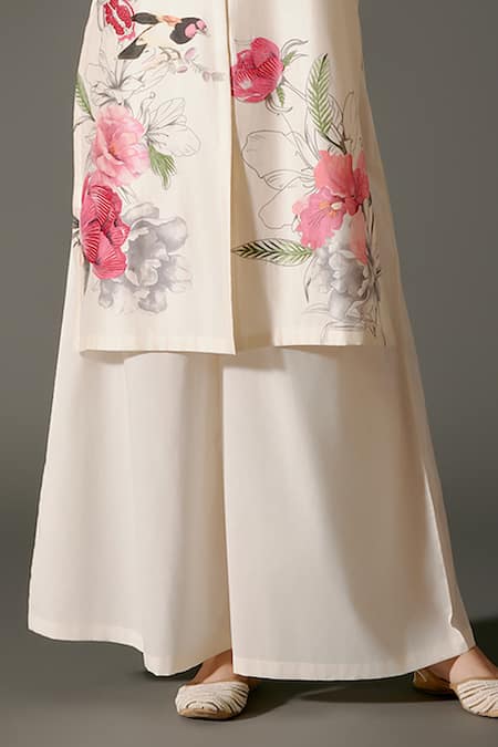 Shop Balance By Rohit Bal Ivory Chanderi Silk Embroidery Mandarin Collar Blossomy Print Kurta With Palazzo Online at Aza Fashions Shop_Balance By Rohit Bal_Ivory Chanderi Silk Embroidery Mandarin Collar Blossomy Print Kurta With Palazzo _Online_at_Aza_Fashions