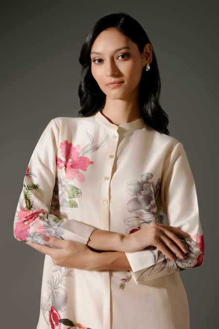 Balance By Rohit Bal Ivory Chanderi Silk Embroidery Mandarin Collar Blossomy Print Kurta With Palazzo at Aza Fashions Balance By Rohit Bal_Ivory Chanderi Silk Embroidery Mandarin Collar Blossomy Print Kurta With Palazzo _at_Aza_Fashions