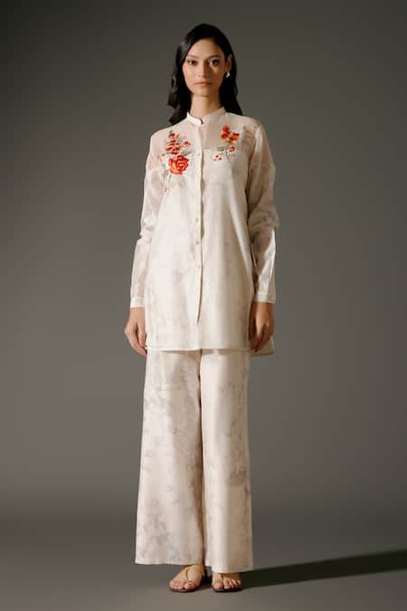 Balance By Rohit Bal_Ivory Chanderi Silk Embroidery Mandarin Bloom Petal Print And Tunic With Palazzo _Online_at_Aza_Fashions