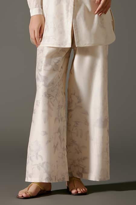 Buy_Balance By Rohit Bal_Ivory Chanderi Silk Embroidery Mandarin Bloom Petal Print And Tunic With Palazzo _Online_at_Aza_Fashions