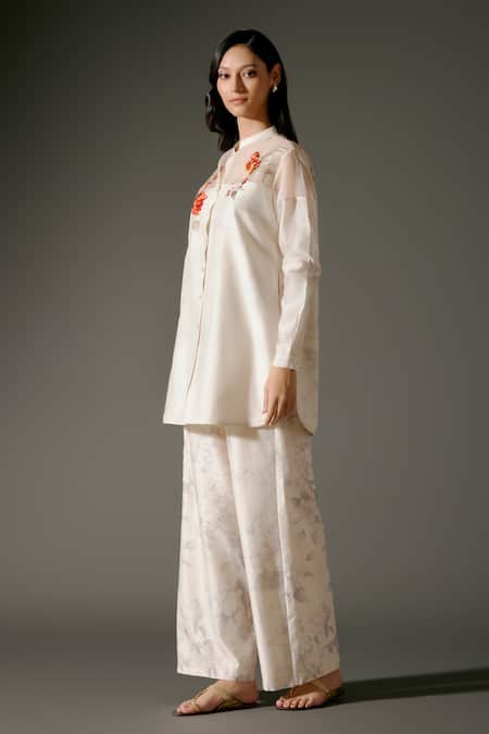 Shop_Balance By Rohit Bal_Ivory Chanderi Silk Embroidery Mandarin Bloom Petal Print And Tunic With Palazzo _Online_at_Aza_Fashions