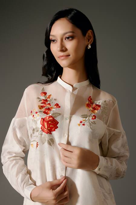 Balance By Rohit Bal_Ivory Chanderi Silk Embroidery Mandarin Bloom Petal Print And Tunic With Palazzo _at_Aza_Fashions