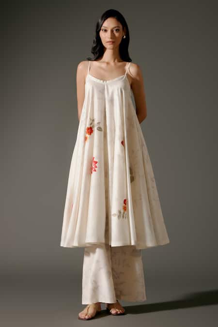 Balance By Rohit Bal_Ivory Chanderi Silk Embroidery Blossom Petal Print And Singlet Kurta With Palazzo _Online_at_Aza_Fashions