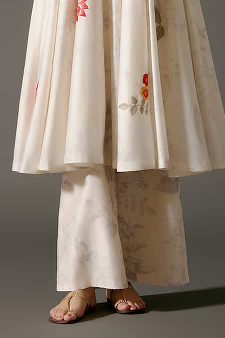 Buy_Balance By Rohit Bal_Ivory Chanderi Silk Embroidery Blossom Petal Print And Singlet Kurta With Palazzo _Online_at_Aza_Fashions