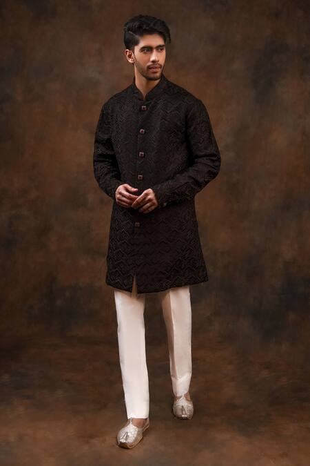 Char Chaand Black Silk Embroidery Chevron Bundi And Kurta Set Online at Aza Fashions Char Chaand_Black Silk Embroidery Chevron Bundi And Kurta Set _Online_at_Aza_Fashions