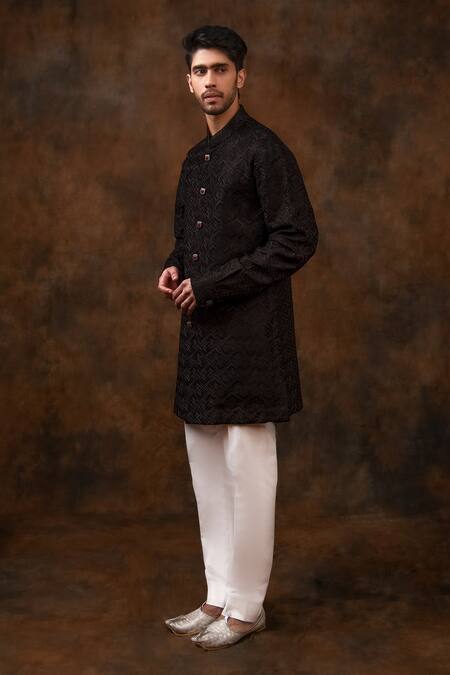Buy Char Chaand Black Silk Embroidery Chevron Bundi And Kurta Set Online at Aza Fashions Buy_Char Chaand_Black Silk Embroidery Chevron Bundi And Kurta Set _Online_at_Aza_Fashions