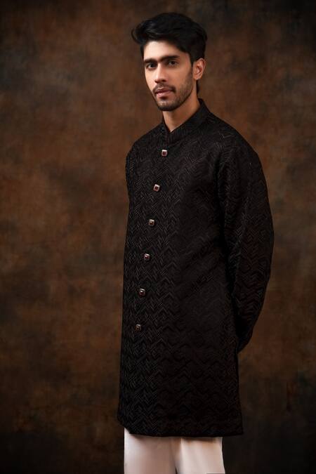 Shop Char Chaand Black Silk Embroidery Chevron Bundi And Kurta Set Online at Aza Fashions Shop_Char Chaand_Black Silk Embroidery Chevron Bundi And Kurta Set _Online_at_Aza_Fashions