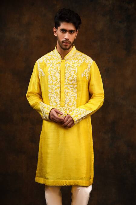 Char Chaand_Yellow Silk Embroidery Gulshan Kiran Dori Kurta_Online_at_Aza_Fashions
