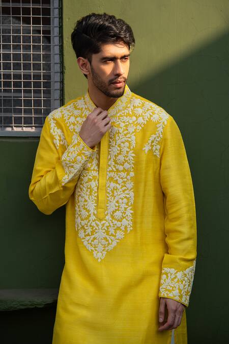 Shop_Char Chaand_Yellow Silk Embroidery Gulshan Kiran Dori Kurta