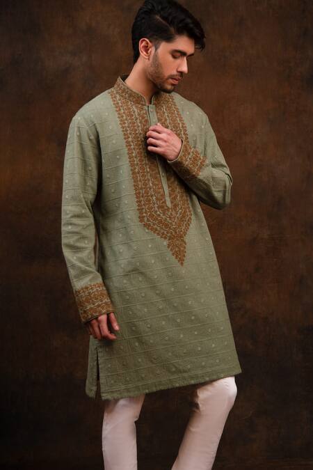 Char Chaand_Green Cotton, Silk Embroidery Crest Vine Dori Kurta_Online_at_Aza_Fashions