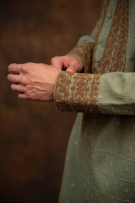 Shop_Char Chaand_Green Cotton, Silk Embroidery Crest Vine Dori Kurta_Online_at_Aza_Fashions