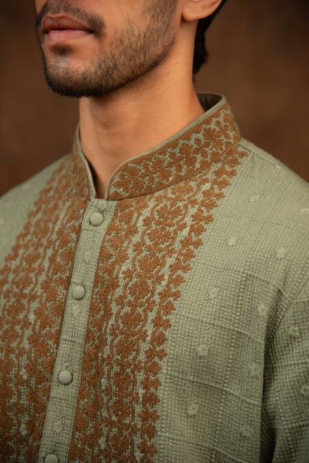Char Chaand_Green Cotton, Silk Embroidery Crest Vine Dori Kurta_at_Aza_Fashions
