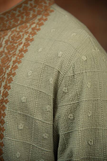 Buy_Char Chaand_Green Cotton, Silk Embroidery Crest Vine Dori Kurta