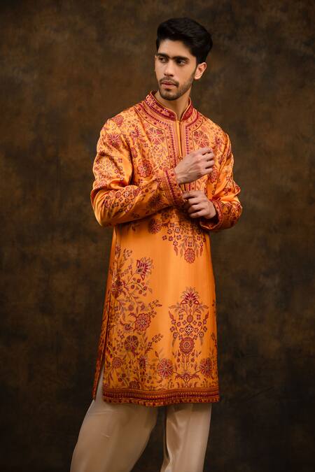 Char Chaand_Orange Satin, Silk Embroidery Bahar Print Kurta_Online_at_Aza_Fashions