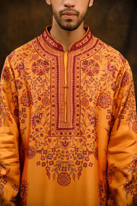 Buy_Char Chaand_Orange Satin, Silk Embroidery Bahar Print Kurta_Online_at_Aza_Fashions