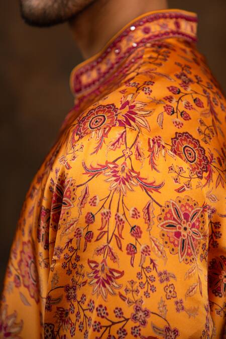 Shop_Char Chaand_Orange Satin, Silk Embroidery Bahar Print Kurta_Online_at_Aza_Fashions